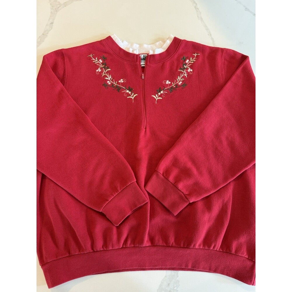 Vintage METROPOLITAN Grandma Sweatshirt Size L Red Embroidered Beaded 1/4 Zip